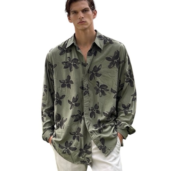 Mango Other - Mango Man Olive and Black Floral Ling Sleeve Button Down Shirt, 100% Cotton, L